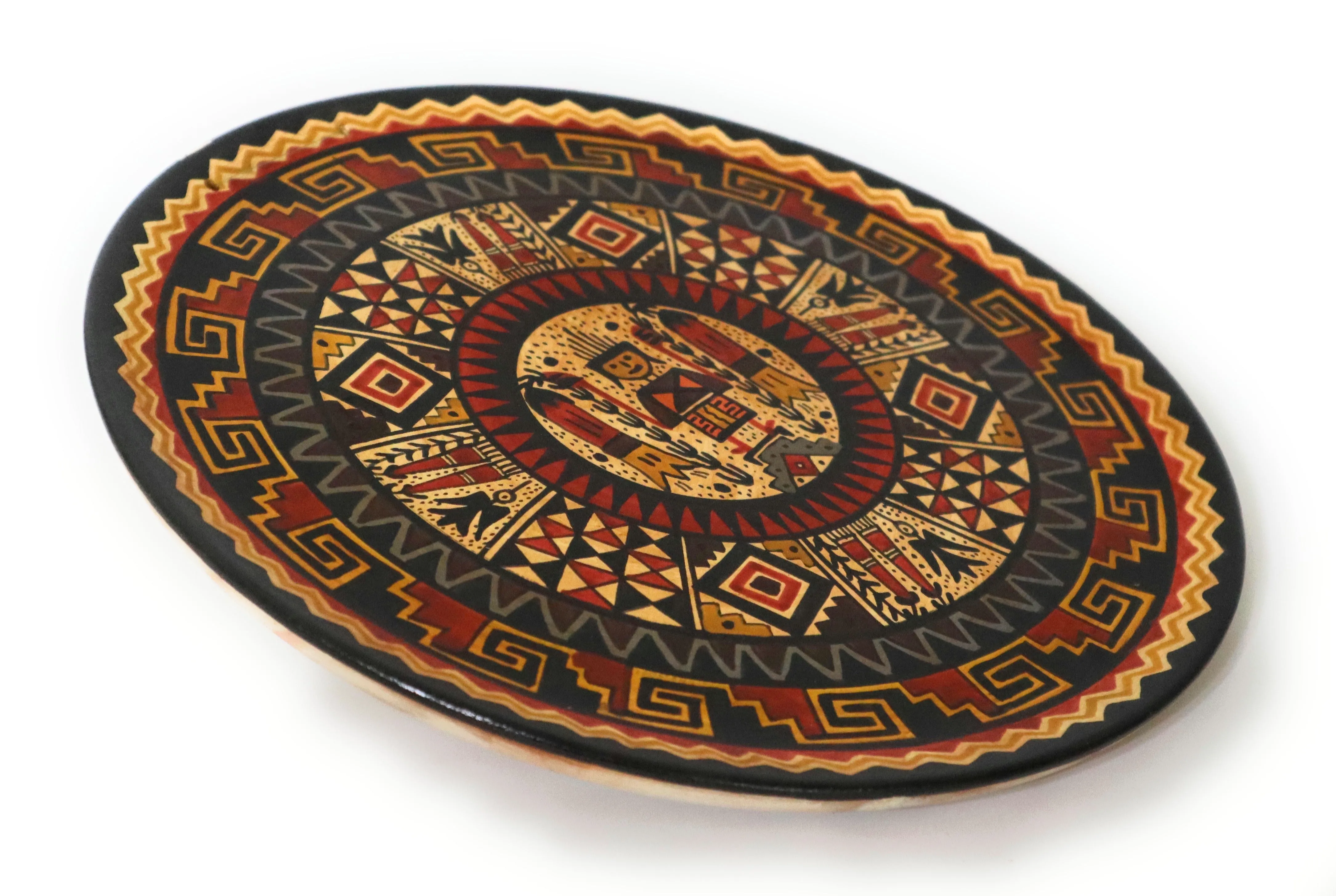 Decorative Wood Plate. Handpainted Multicolor. The Inca and Kantu Flower 9.51" Diameter