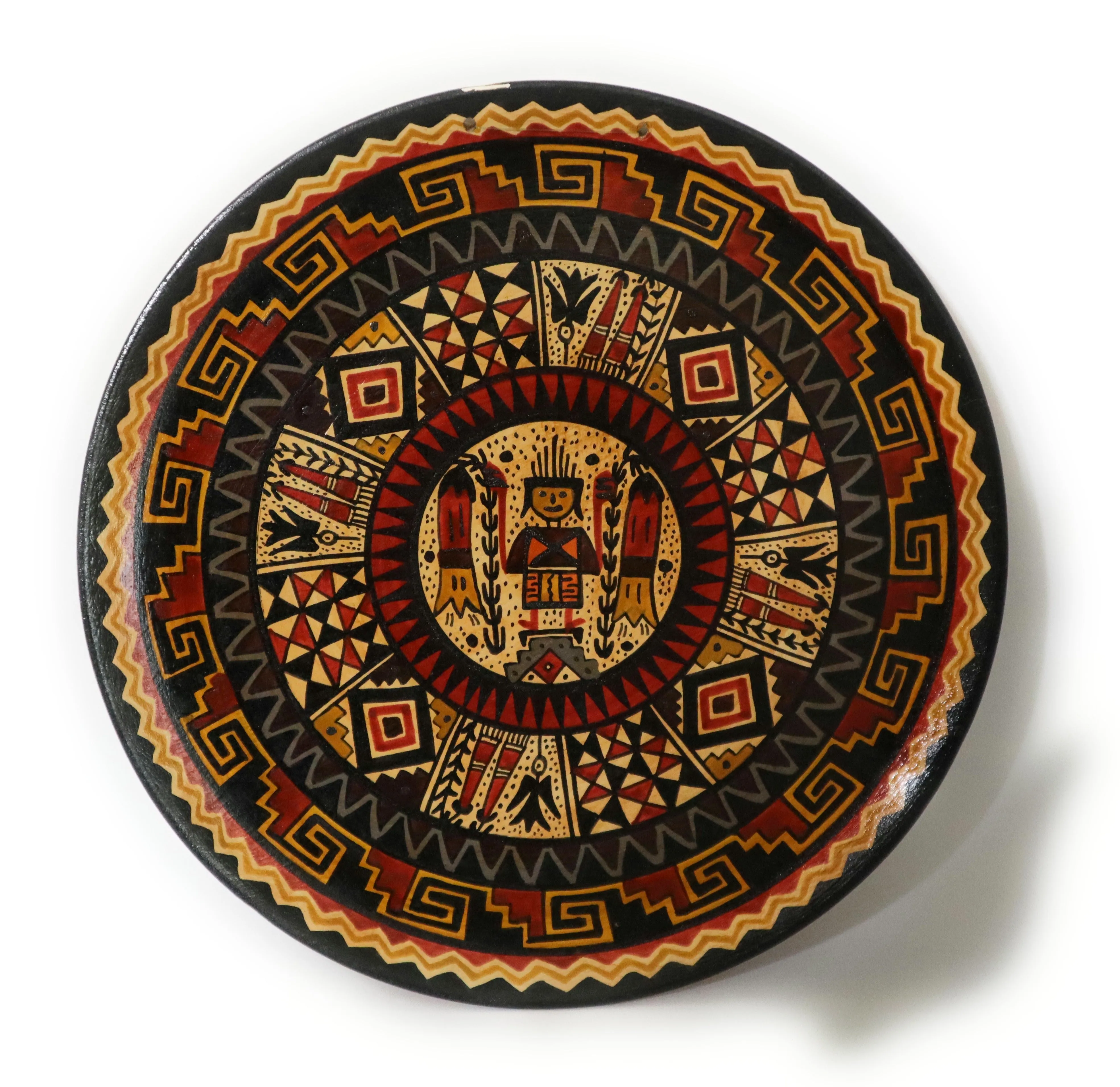 Decorative Wood Plate. Handpainted Multicolor. The Inca and Kantu Flower 9.51" Diameter