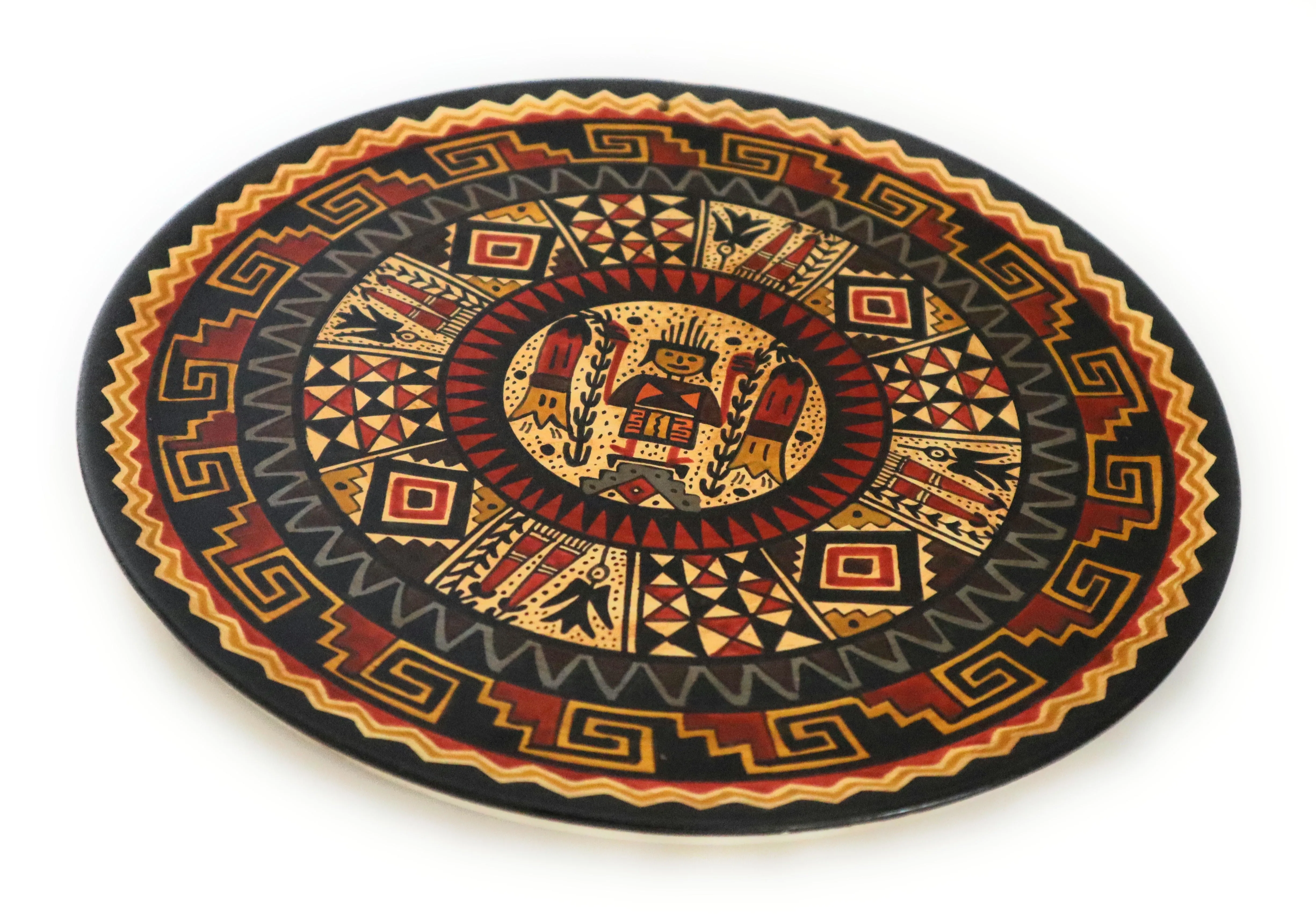 Decorative Wood Plate. Handpainted Multicolor. The Inca and Kantu Flower 9.51" Diameter