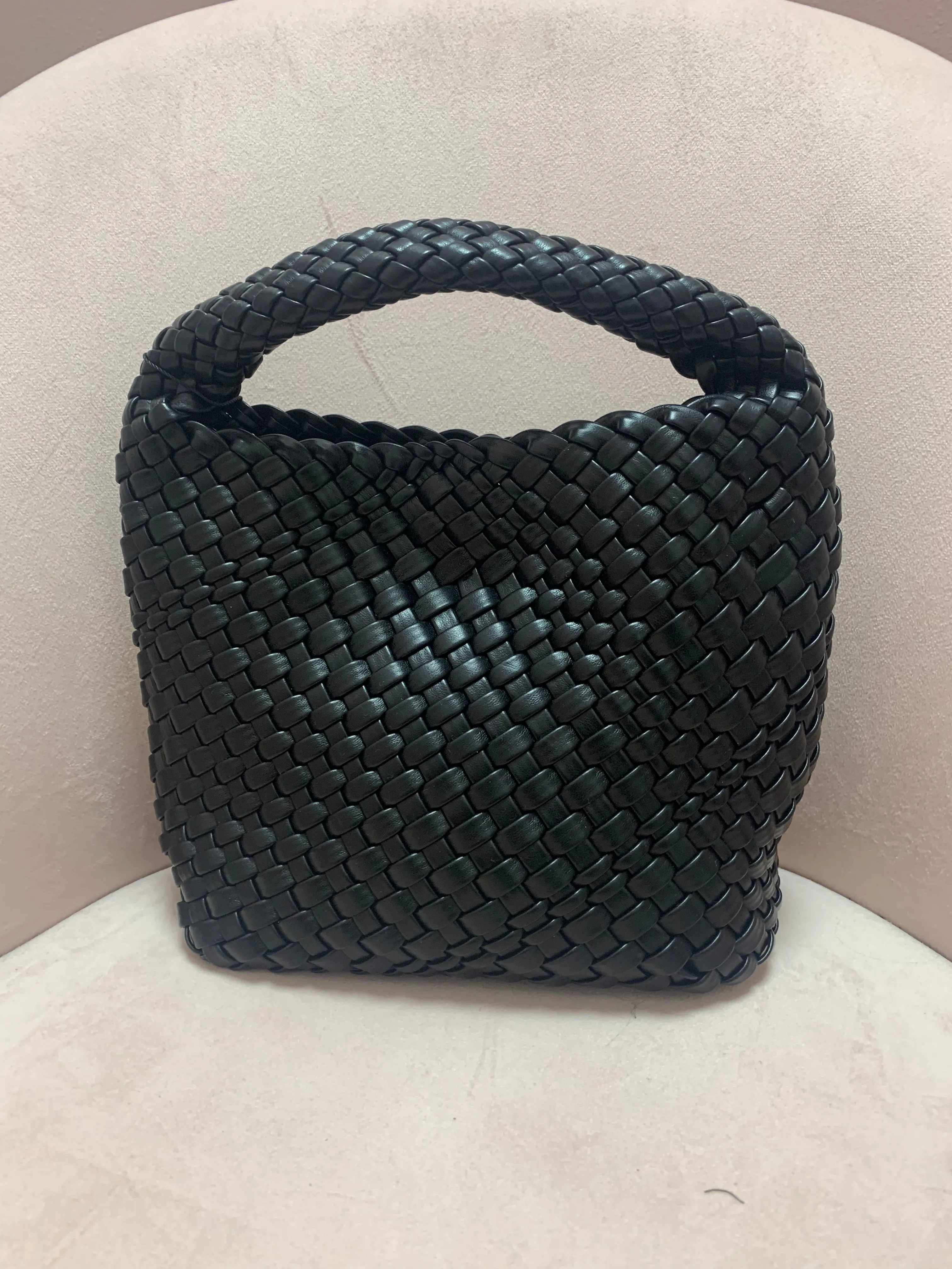 Faux Leather Hand Woven Weave Mini Tote Bag