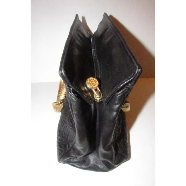 Fendi Black Logo Print Quilted Leather Satchel w Pasta Engraved Gold Handles