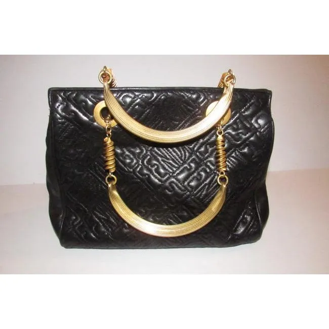 Fendi Black Logo Print Quilted Leather Satchel w Pasta Engraved Gold Handles