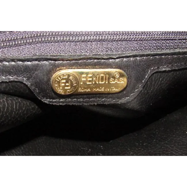 Fendi Black Logo Print Quilted Leather Satchel w Pasta Engraved Gold Handles