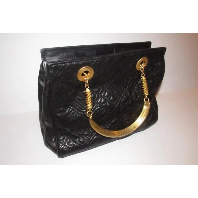 Fendi Black Logo Print Quilted Leather Satchel w Pasta Engraved Gold Handles