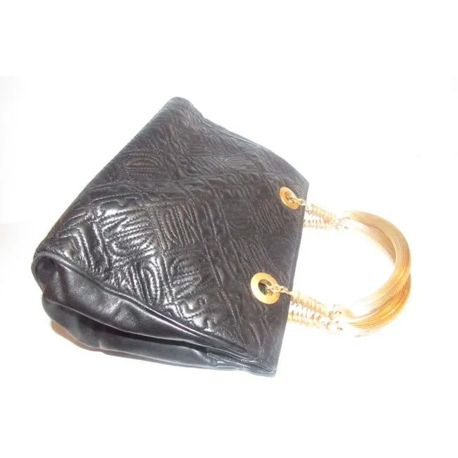 Fendi Black Logo Print Quilted Leather Satchel w Pasta Engraved Gold Handles
