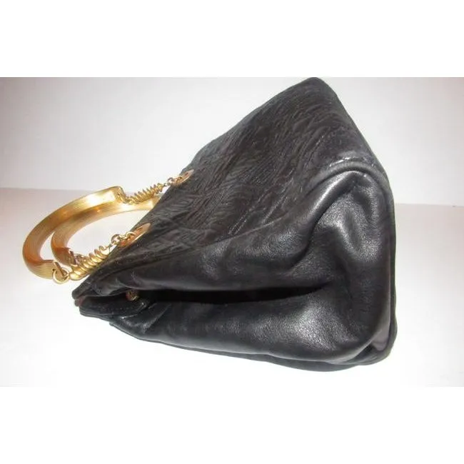 Fendi Black Logo Print Quilted Leather Satchel w Pasta Engraved Gold Handles