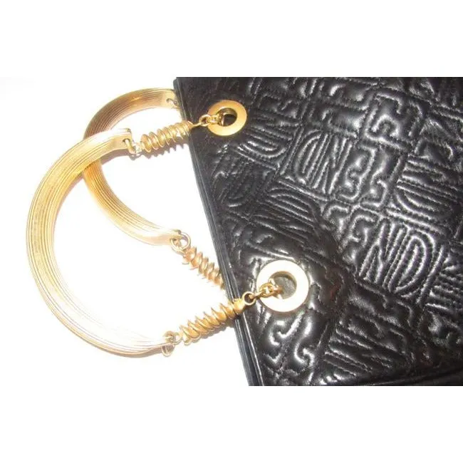 Fendi Black Logo Print Quilted Leather Satchel w Pasta Engraved Gold Handles