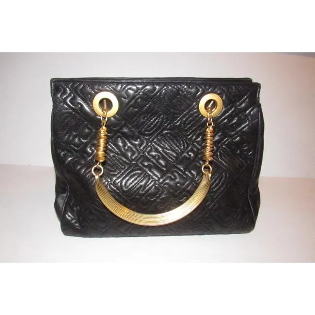 Fendi Black Logo Print Quilted Leather Satchel w Pasta Engraved Gold Handles