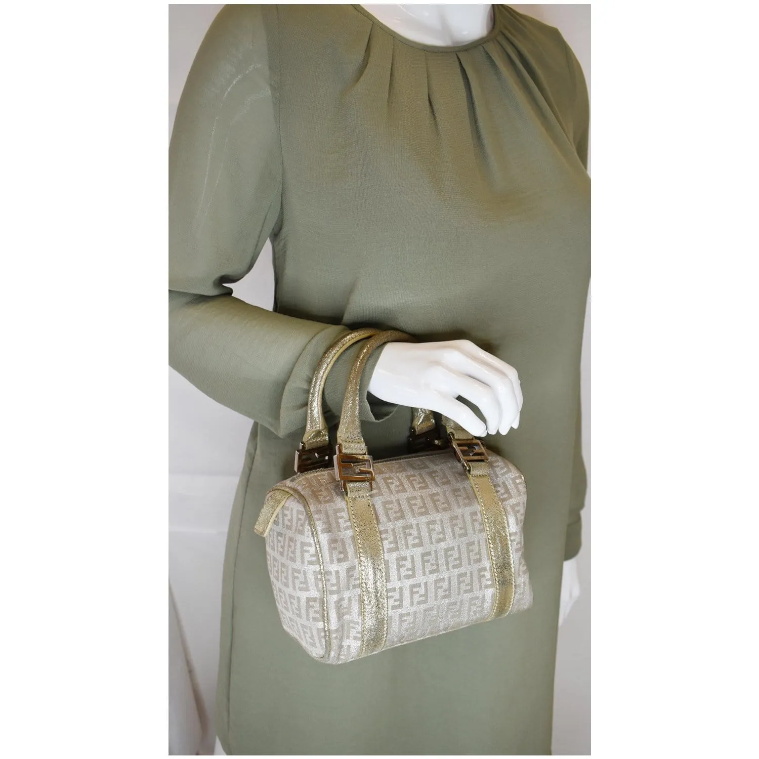 FENDI Selleria Zucca Canvas Leather Boston Bag Gold