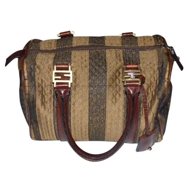 Fendi W Canvasleather Top Handle Key Quilted Pequin Canvas Leather Satchel