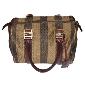 Fendi W Canvasleather Top Handle Key Quilted Pequin Canvas Leather Satchel
