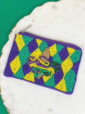 Fleur De Lis Argyle Beaded Zip Pouch