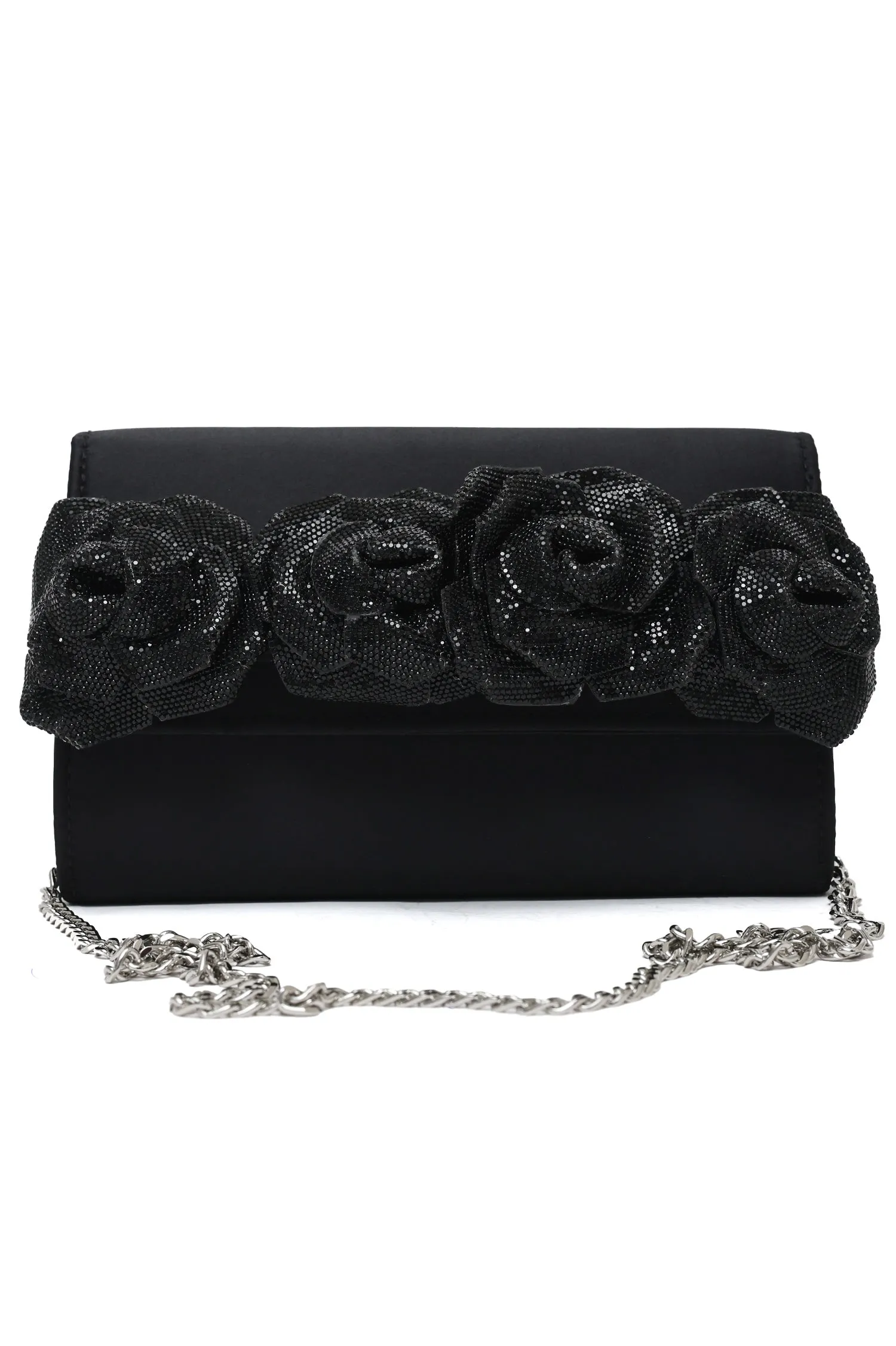 Floral Satin Evening Clutch-Black