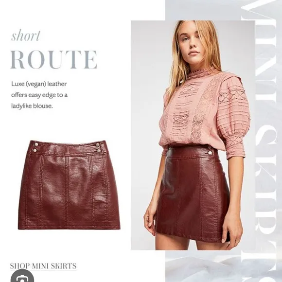Free People Retro Burgundy Maroon Faux Vegan Leather Mini Skirt