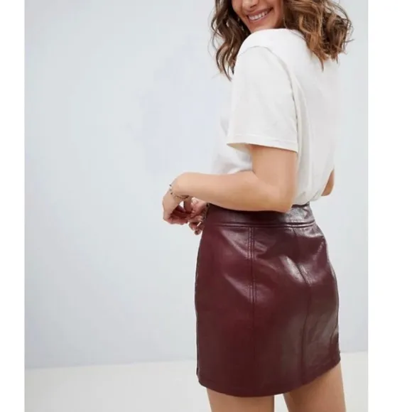 Free People Retro Burgundy Maroon Faux Vegan Leather Mini Skirt