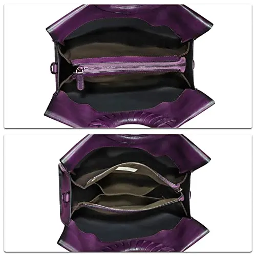 Genuine Leather Top Handle Handbag for Women Vintage Satchel Retro Cowhide Handmade Crossbody Bag Purse (Purple-Embossed)