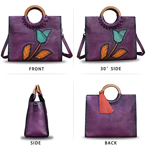 Genuine Leather Top Handle Handbag for Women Vintage Satchel Retro Cowhide Handmade Crossbody Bag Purse (Purple-Embossed)