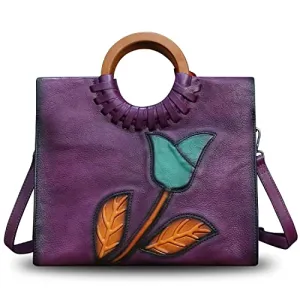 Genuine Leather Top Handle Handbag for Women Vintage Satchel Retro Cowhide Handmade Crossbody Bag Purse (Purple-Embossed)