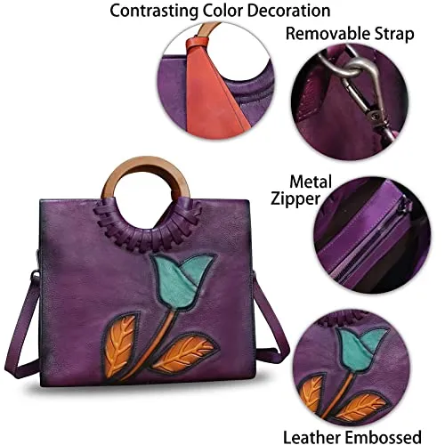 Genuine Leather Top Handle Handbag for Women Vintage Satchel Retro Cowhide Handmade Crossbody Bag Purse (Purple-Embossed)