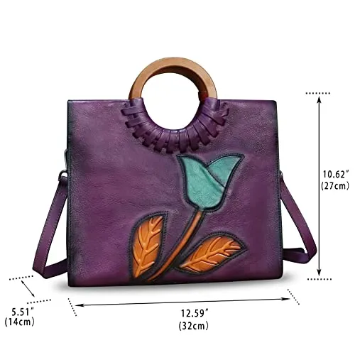 Genuine Leather Top Handle Handbag for Women Vintage Satchel Retro Cowhide Handmade Crossbody Bag Purse (Purple-Embossed)