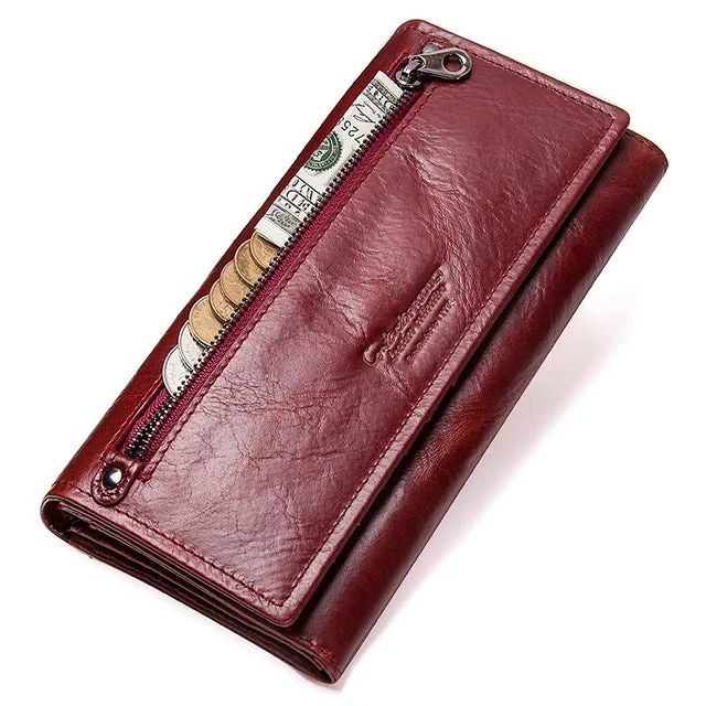 Genuine Leather Women Long Purse Clutches Money Red Wallets