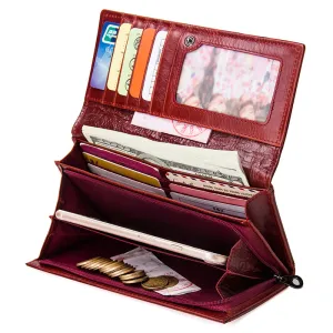 Genuine Leather Women Long Purse Clutches Money Red Wallets