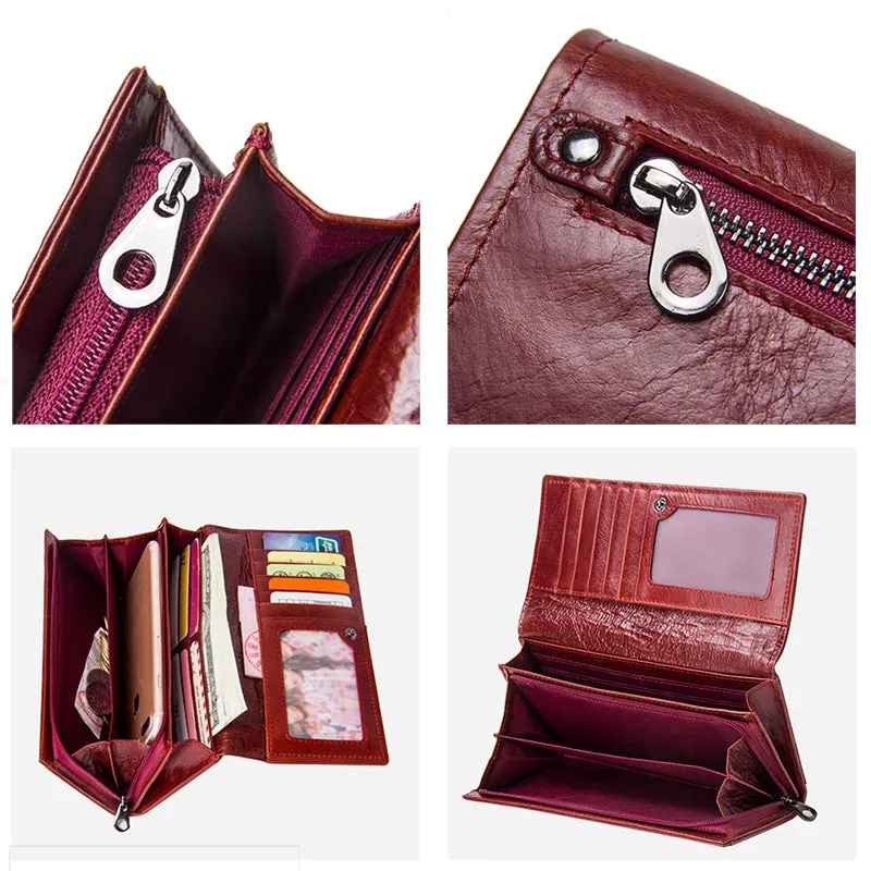 Genuine Leather Women Long Purse Clutches Money Red Wallets
