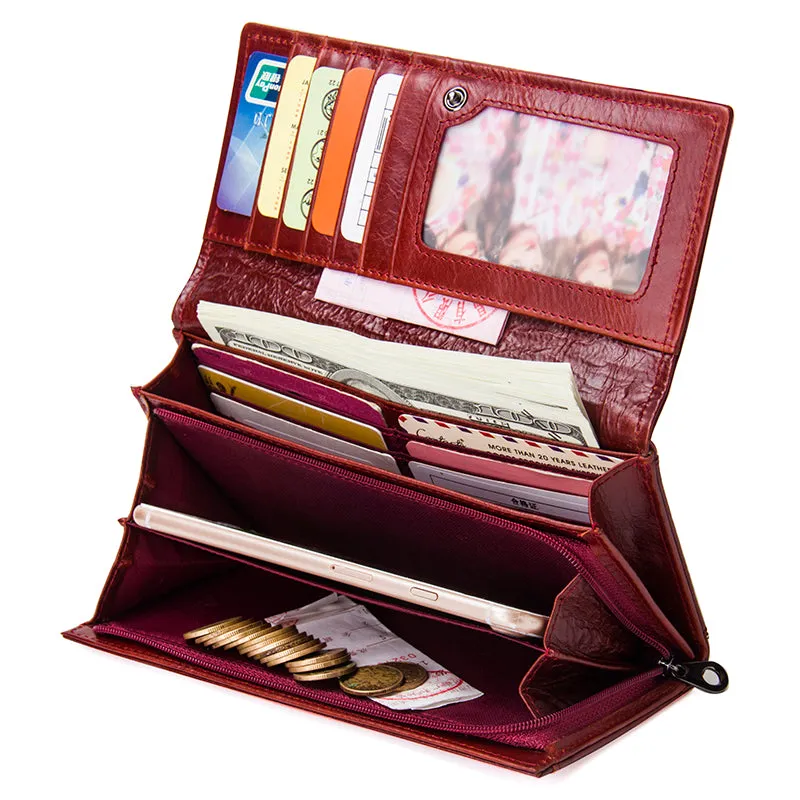 Genuine Leather Women Long Purse Clutches Money Red Wallets