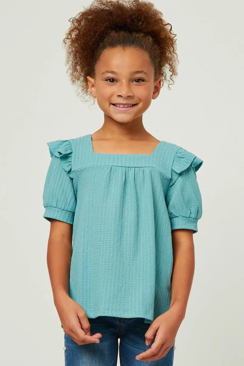 Girls Textured Knit Ruffle Square Neck Short Sleeve Top - Turquoise