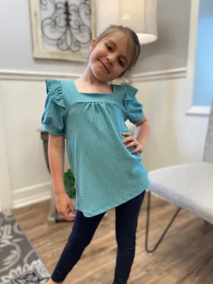 Girls Textured Knit Ruffle Square Neck Short Sleeve Top - Turquoise