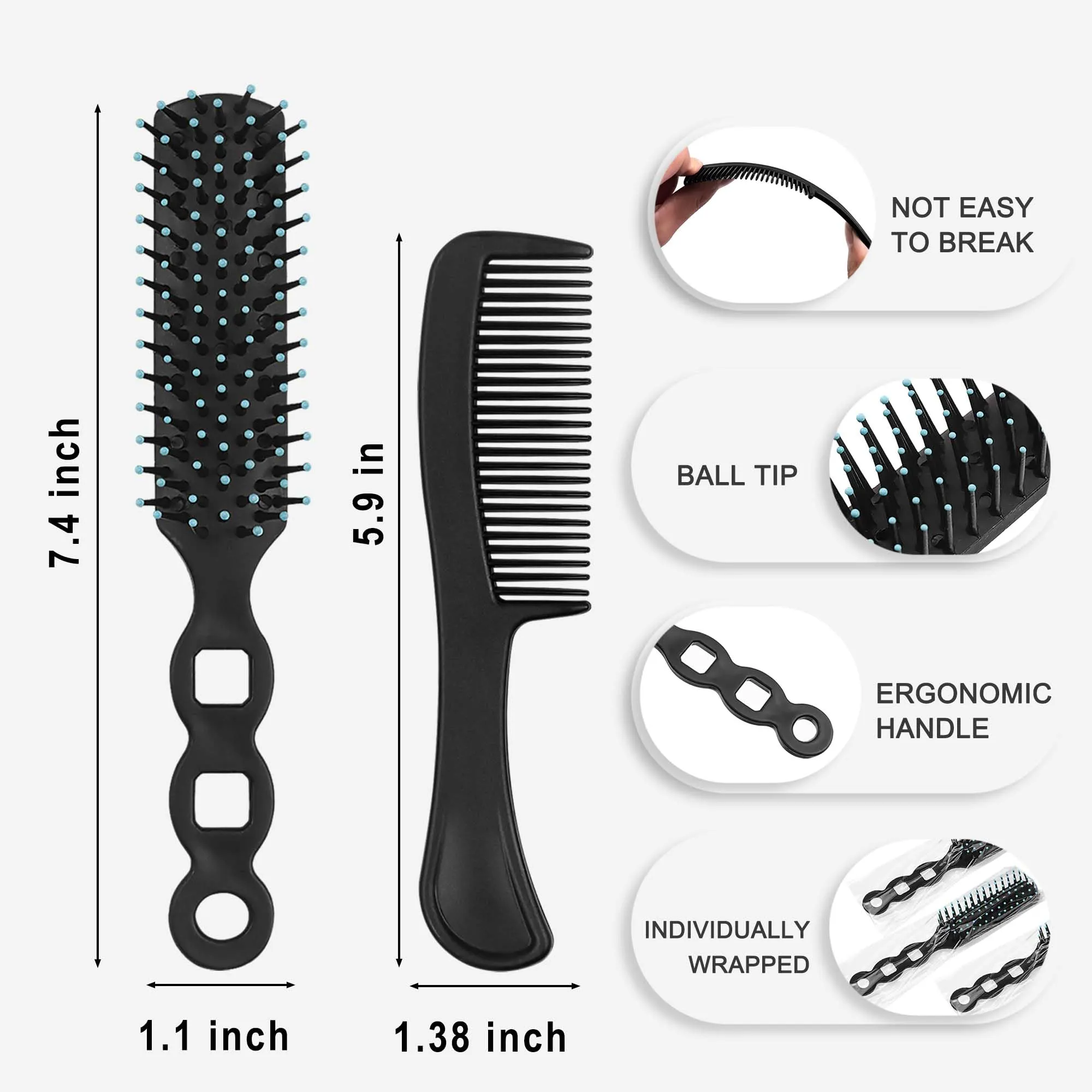 Gisdo Hair Brush and Comb Set, 100 Pcs Bulk for Homeless Individually Wrapped, Lightweight Hair Brush and Comb for Women Kids Hotel Travel (Black)