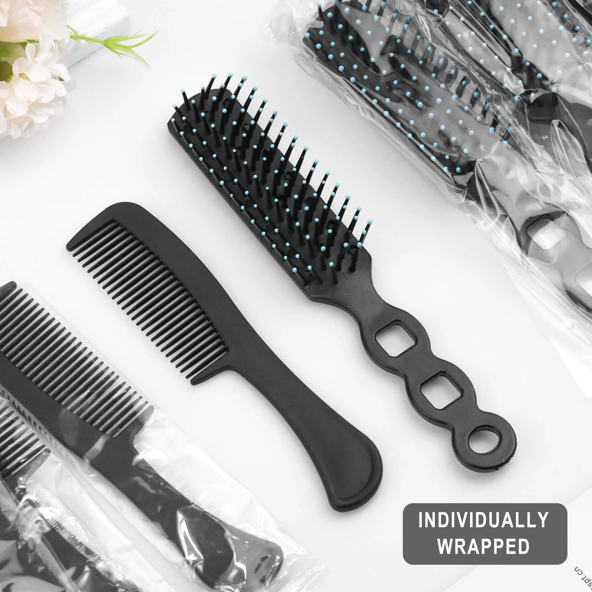 Gisdo Hair Brush and Comb Set, 100 Pcs Bulk for Homeless Individually Wrapped, Lightweight Hair Brush and Comb for Women Kids Hotel Travel (Black)