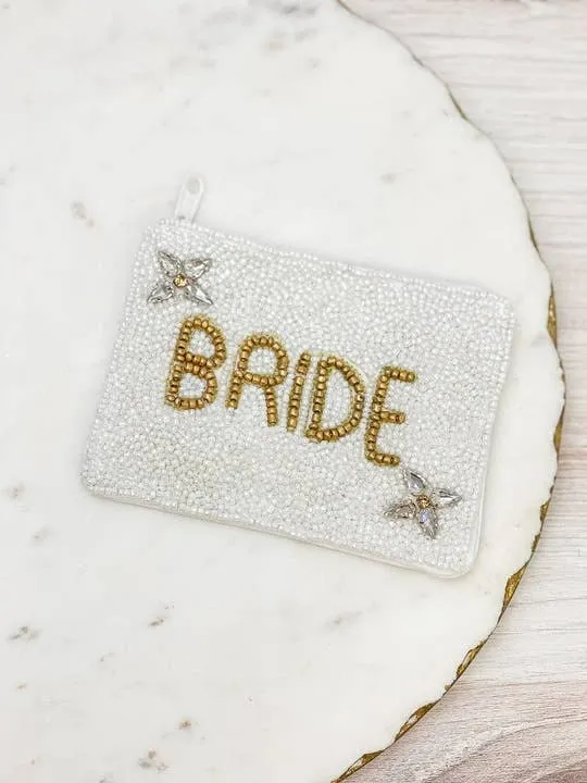 Glitzy Rhinestone 'Bride' Beaded Zip Pouch - White
