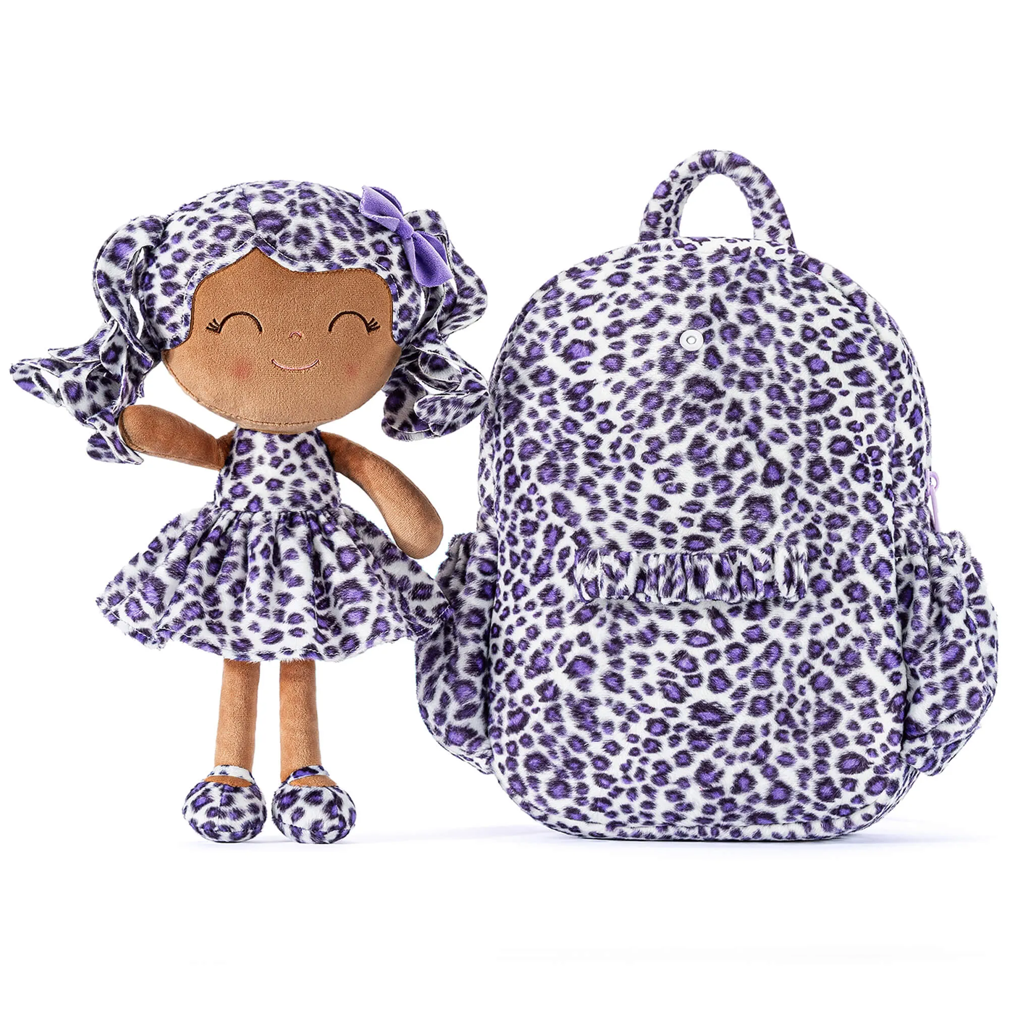Gloveleya 11-inch Toddler Girl Backpack Fashion Plush Kindergarten Backpacks with 12-inch Curly Hair Purple Leopard Skirt Doll Tanned