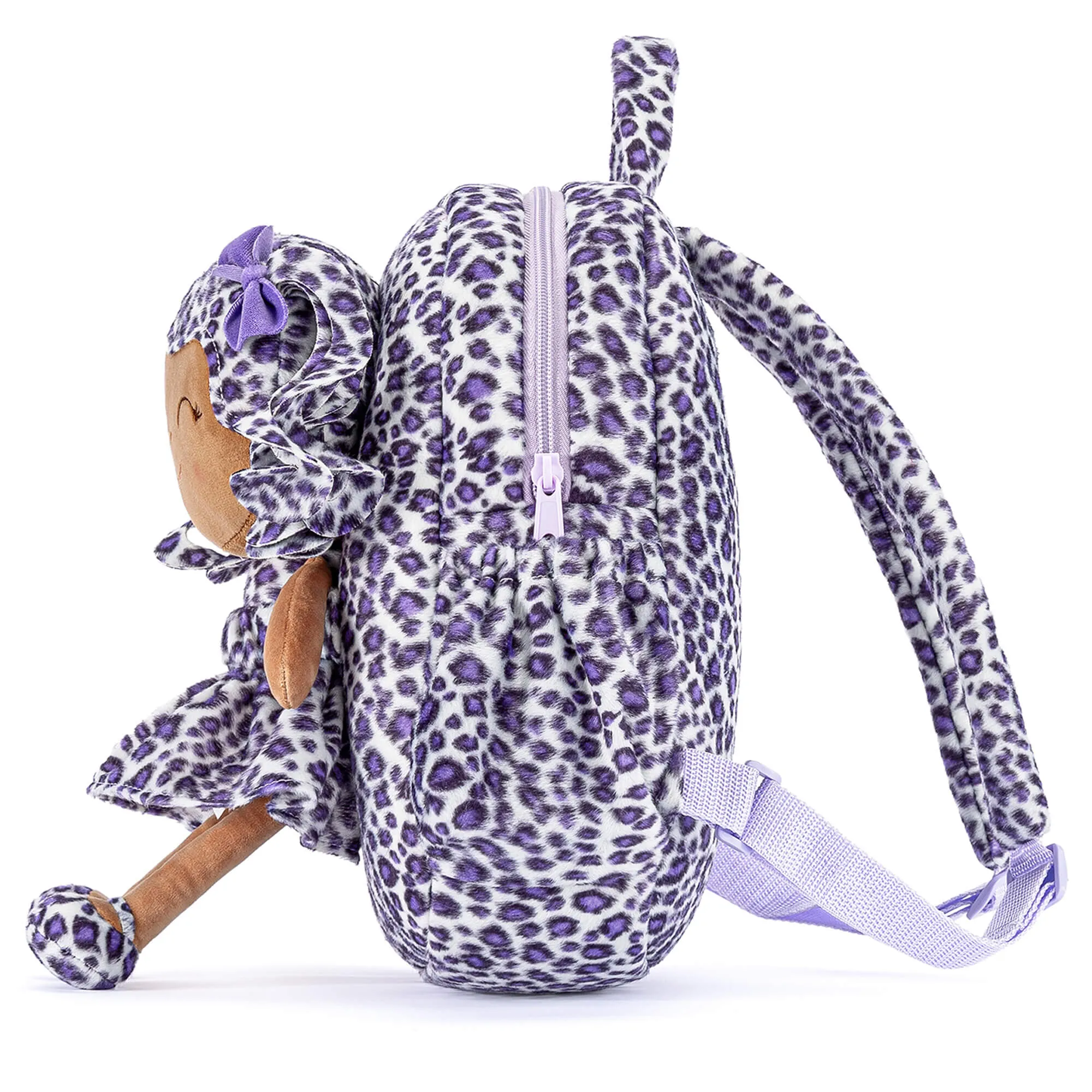 Gloveleya 11-inch Toddler Girl Backpack Fashion Plush Kindergarten Backpacks with 12-inch Curly Hair Purple Leopard Skirt Doll Tanned