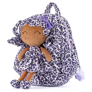 Gloveleya 11-inch Toddler Girl Backpack Fashion Plush Kindergarten Backpacks with 12-inch Curly Hair Purple Leopard Skirt Doll Tanned