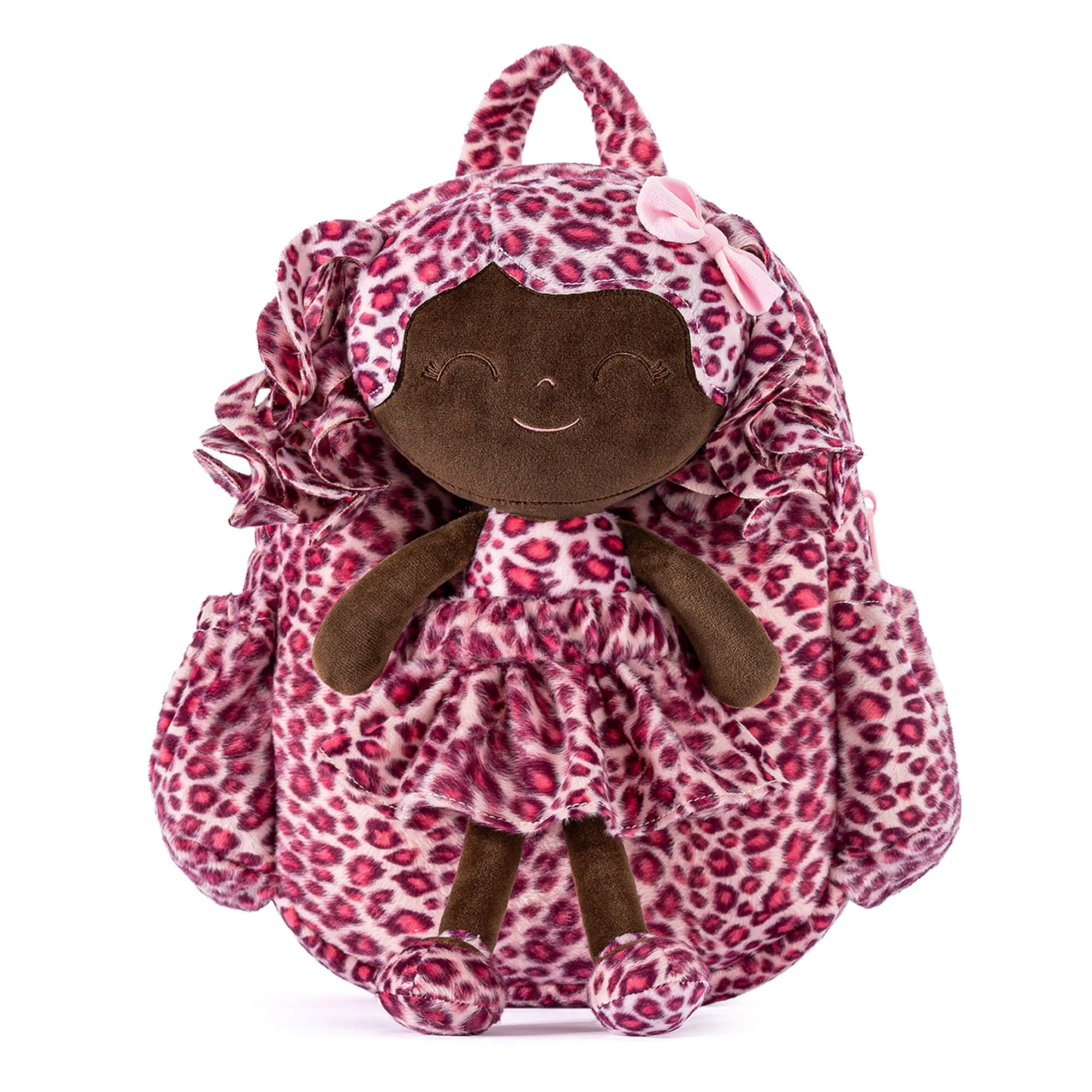Gloveleya 11-inch Toddler Girl Backpack Fashion Plush Kindergarten Backpacks with 12-inch Curly Hair Rose Leopard Skirt Doll Tanned