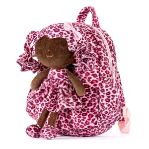 Gloveleya 11-inch Toddler Girl Backpack Fashion Plush Kindergarten Backpacks with 12-inch Curly Hair Rose Leopard Skirt Doll Tanned