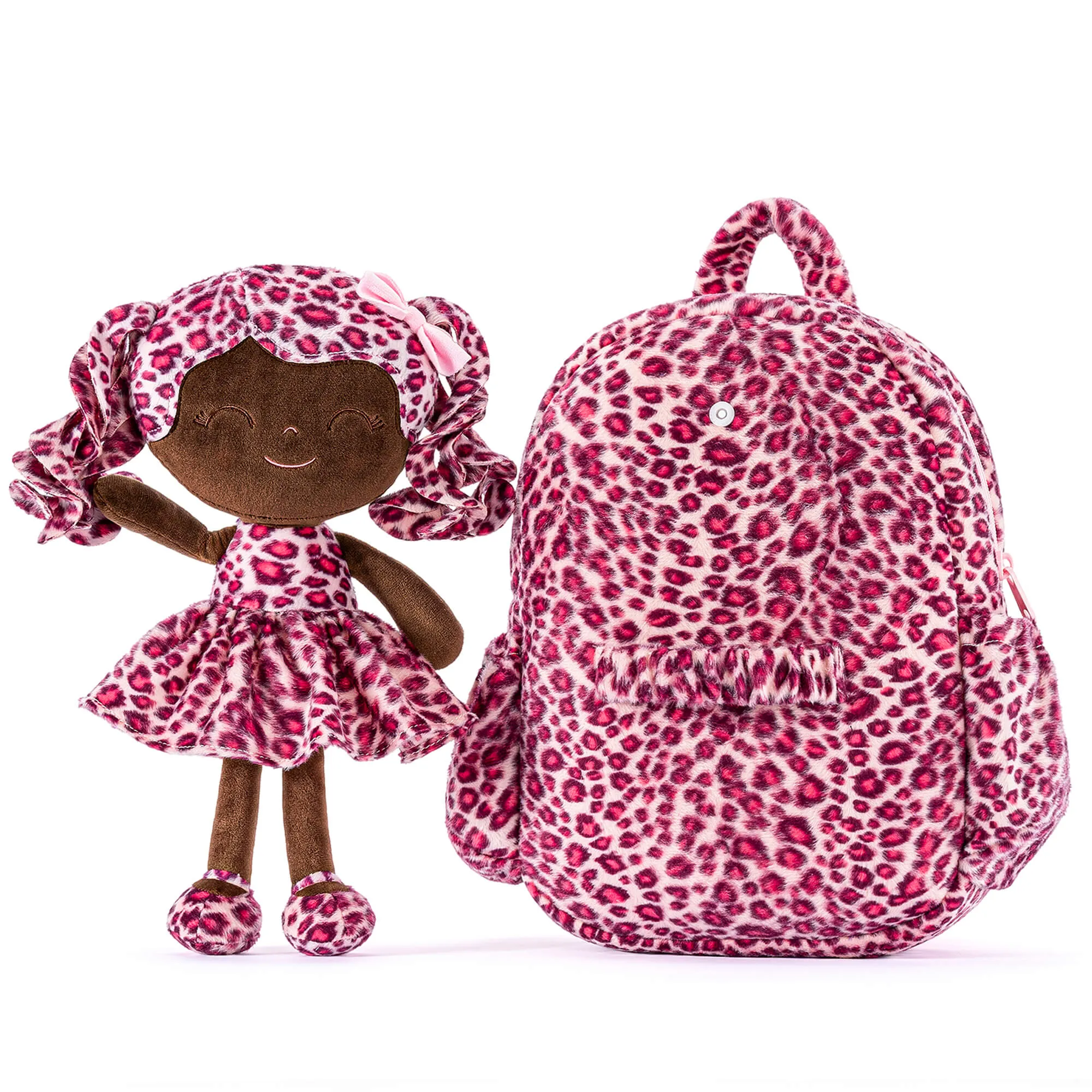 Gloveleya 11-inch Toddler Girl Backpack Fashion Plush Kindergarten Backpacks with 12-inch Curly Hair Rose Leopard Skirt Doll Tanned
