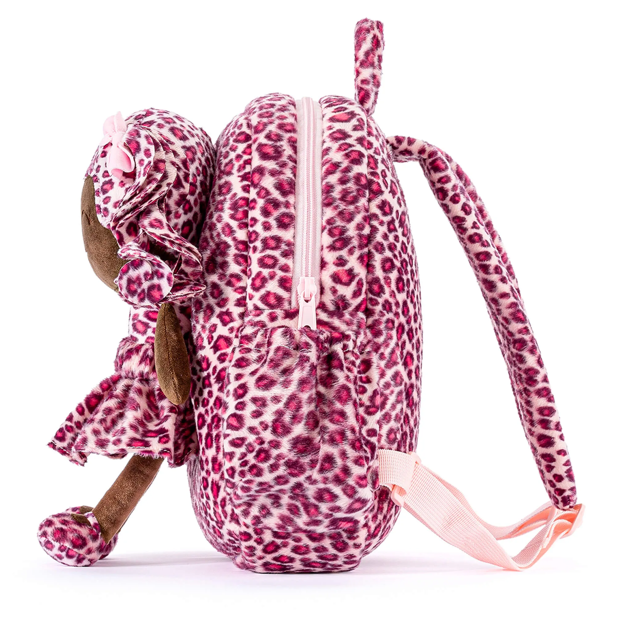 Gloveleya 11-inch Toddler Girl Backpack Fashion Plush Kindergarten Backpacks with 12-inch Curly Hair Rose Leopard Skirt Doll Tanned