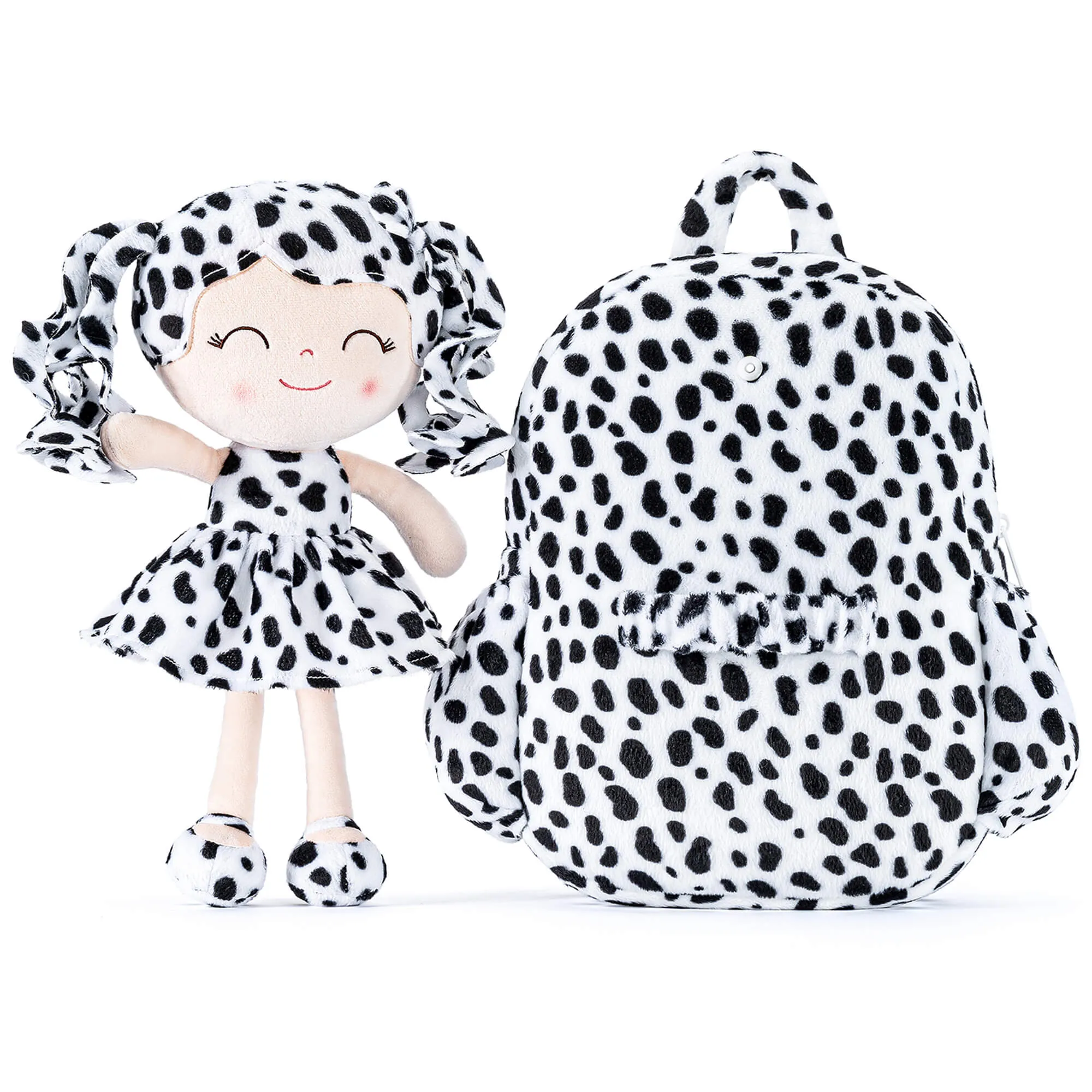 Gloveleya 11-inch Toddler Girl Backpack Plush Kindergarten Backpacks with 12-inch Curly Hair Animal Doll in Black and White Skirt