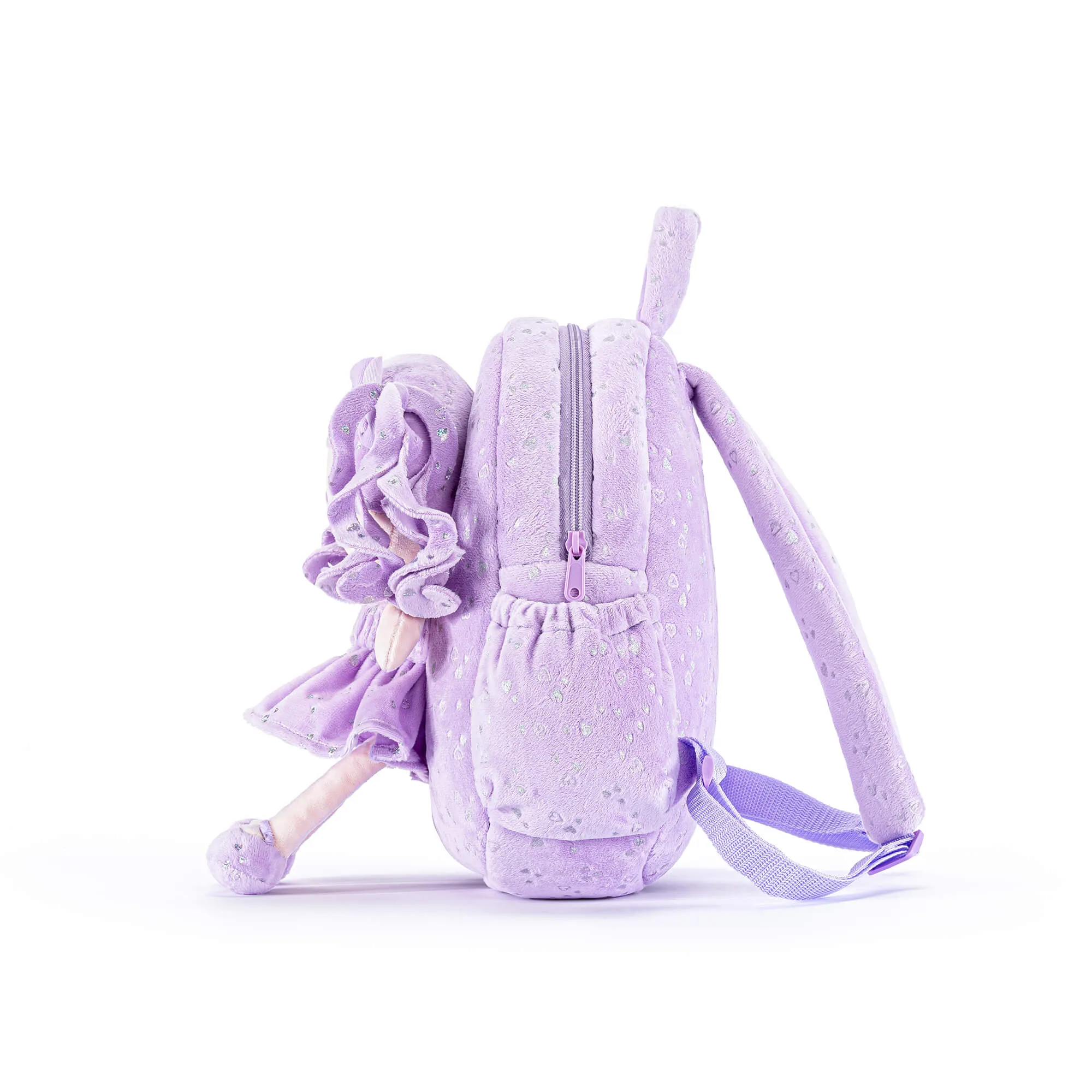 Gloveleya 11-inch Toddler Girl Backpack Plush Kindergarten Backpacks with 12-inch Curly Hair Ironing Silver Heart Doll Purple
