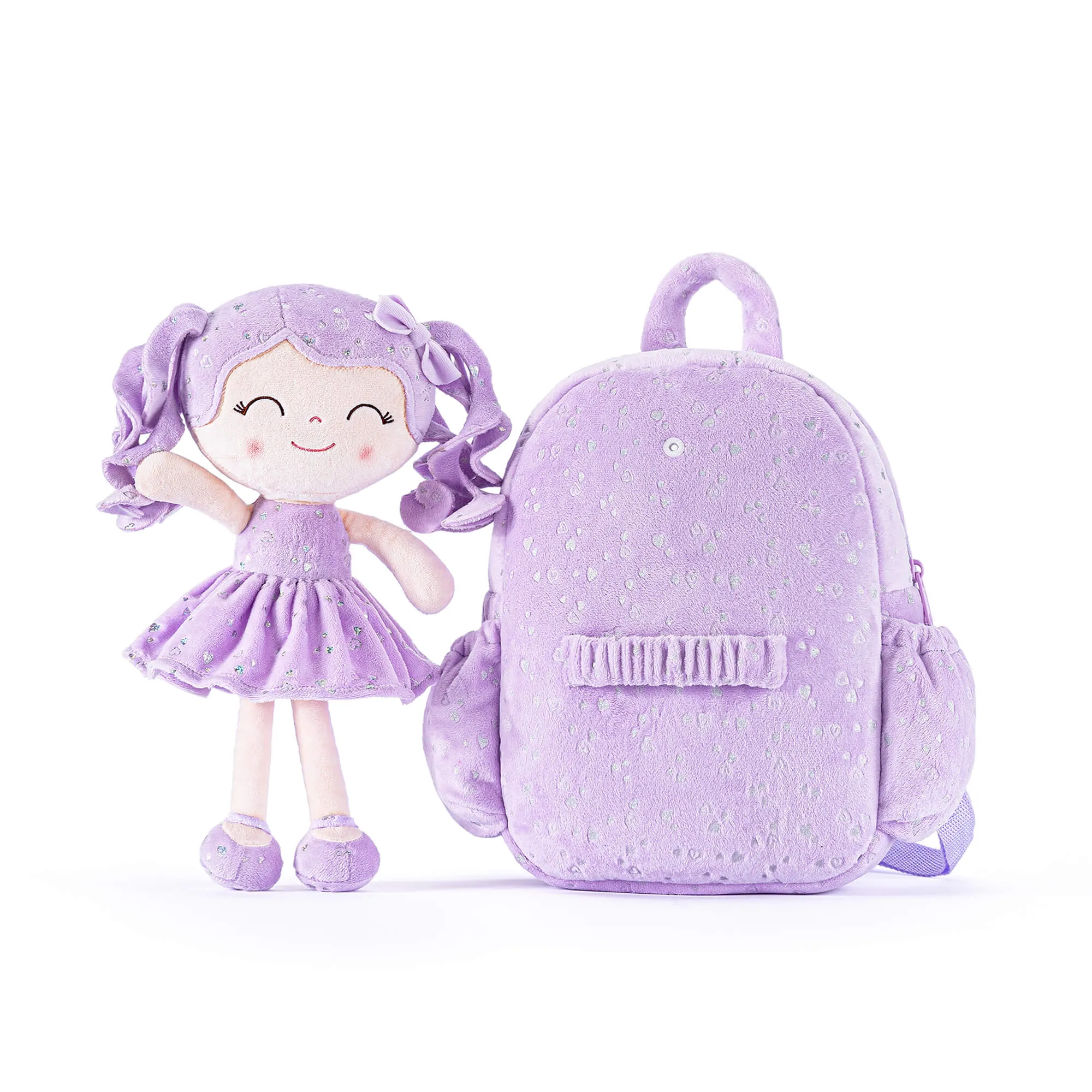Gloveleya 11-inch Toddler Girl Backpack Plush Kindergarten Backpacks with 12-inch Curly Hair Ironing Silver Heart Doll Purple