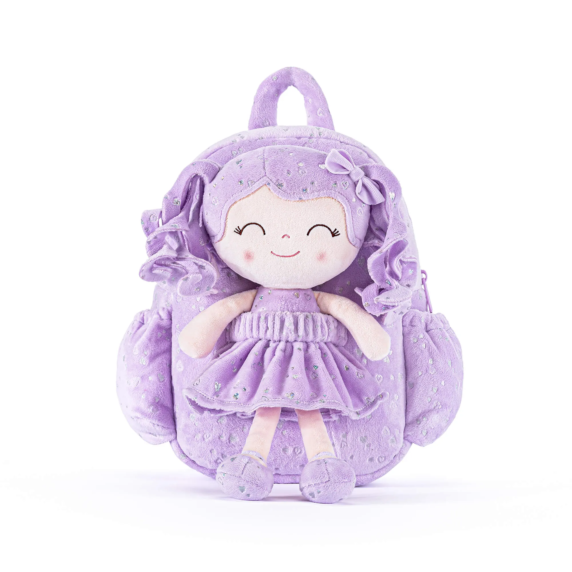 Gloveleya 11-inch Toddler Girl Backpack Plush Kindergarten Backpacks with 12-inch Curly Hair Ironing Silver Heart Doll Purple