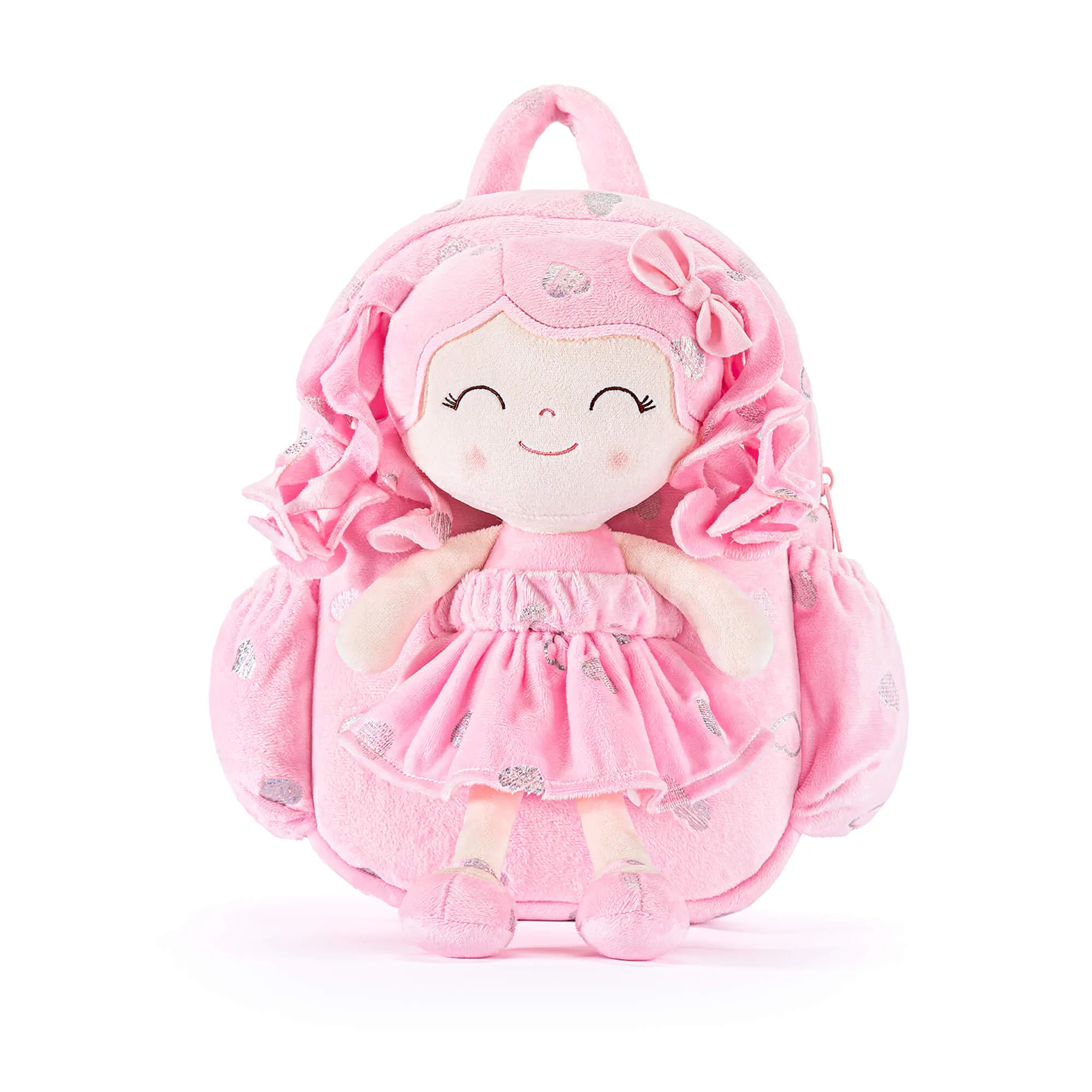 Gloveleya 11-inch Toddler Girl Backpack Plush Kindergarten Backpacks with 12-inch Curly Hair Ironing Silver Heart Doll Rose