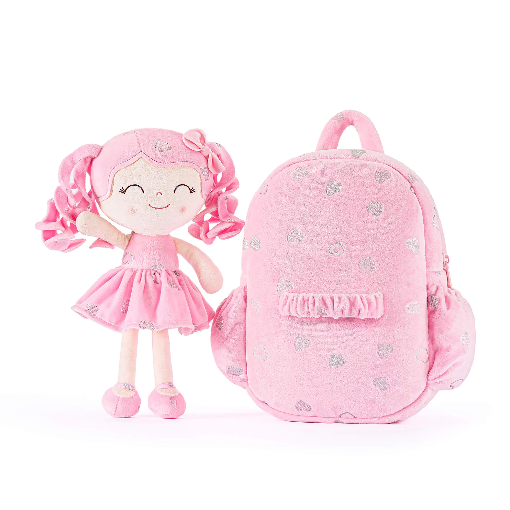 Gloveleya 11-inch Toddler Girl Backpack Plush Kindergarten Backpacks with 12-inch Curly Hair Ironing Silver Heart Doll Rose
