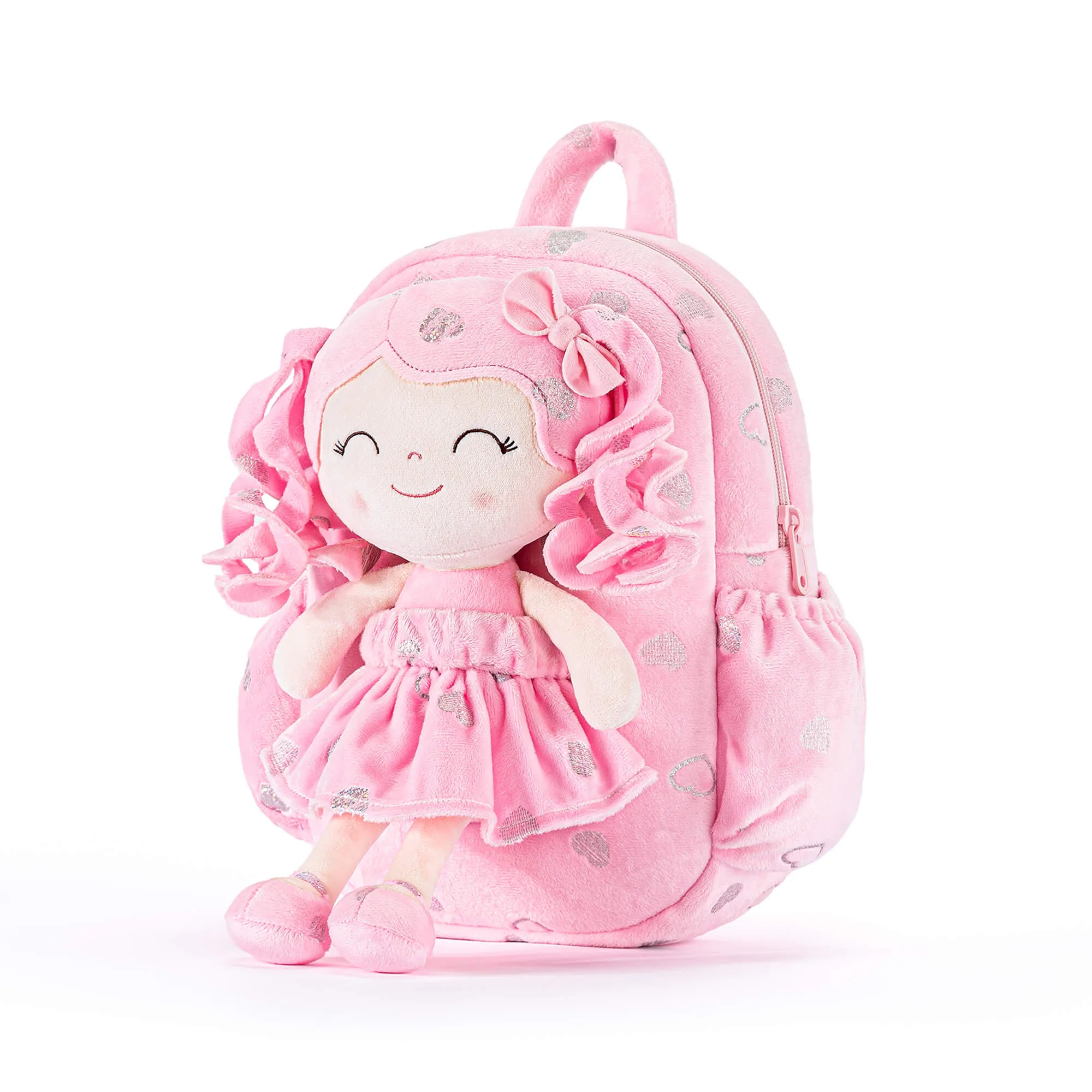 Gloveleya 11-inch Toddler Girl Backpack Plush Kindergarten Backpacks with 12-inch Curly Hair Ironing Silver Heart Doll Rose