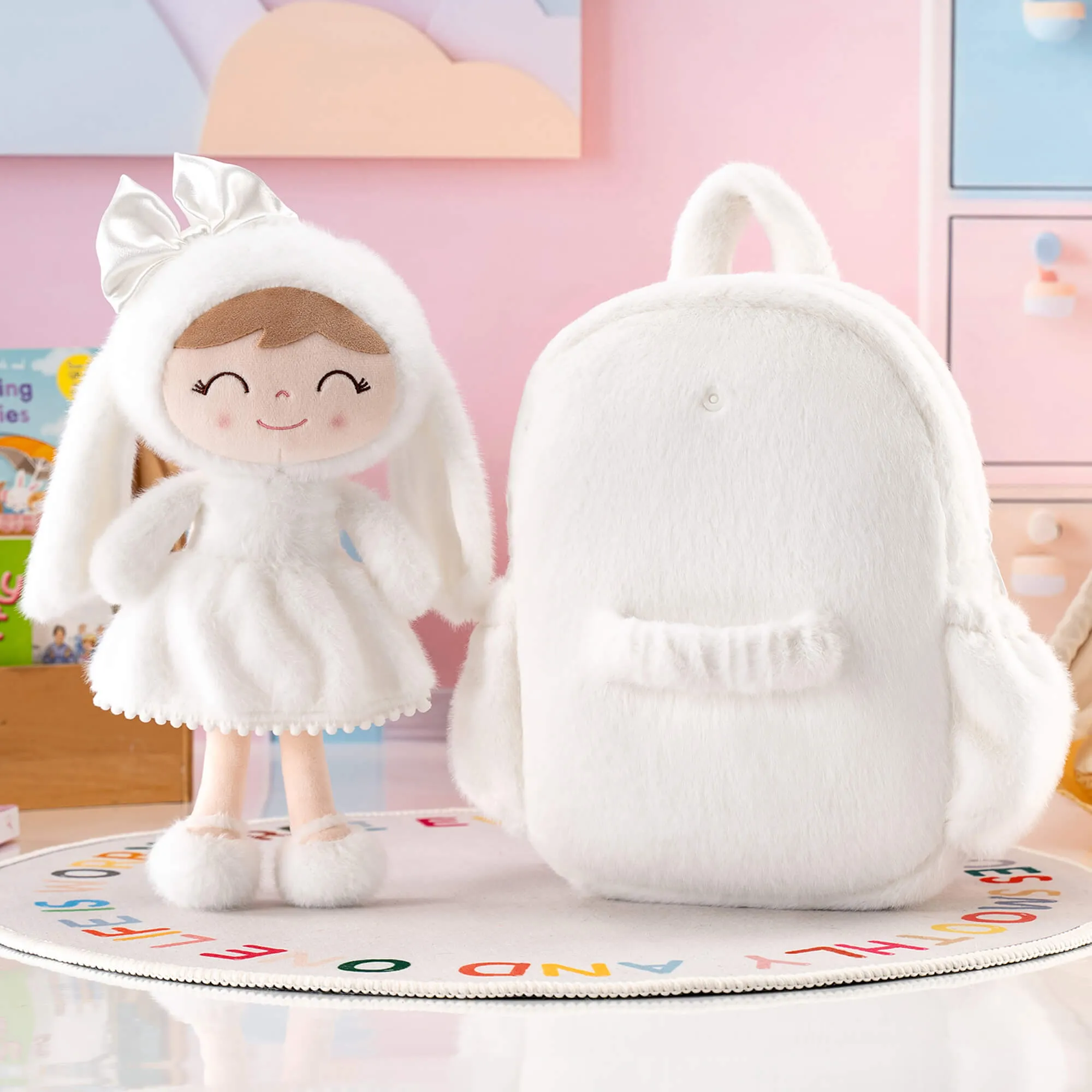 Gloveleya 11-inch Toddler Girl Backpack Snow Ferret Kindergarten Backpacks with 12-inch White Bunny Doll