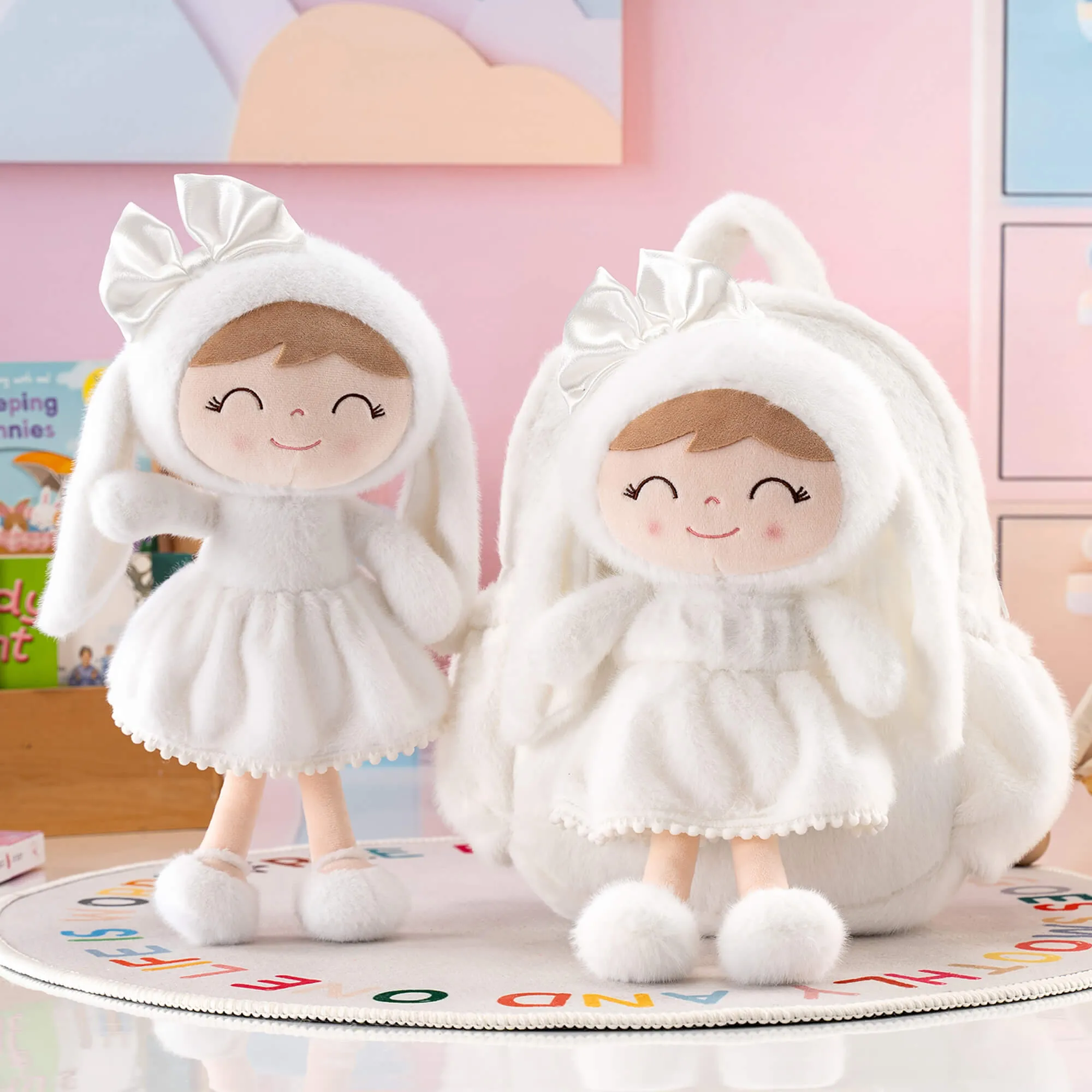 Gloveleya 11-inch Toddler Girl Backpack Snow Ferret Kindergarten Backpacks with 12-inch White Bunny Doll