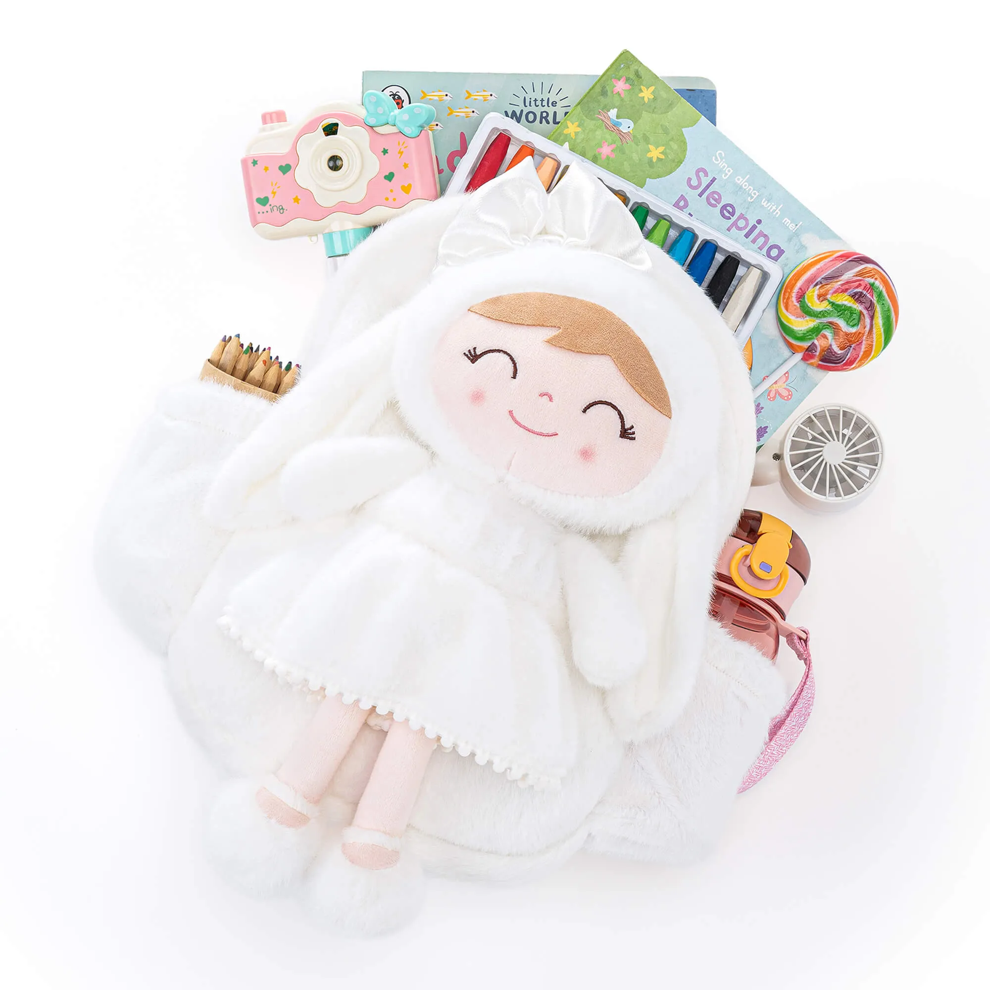 Gloveleya 11-inch Toddler Girl Backpack Snow Ferret Kindergarten Backpacks with 12-inch White Bunny Doll